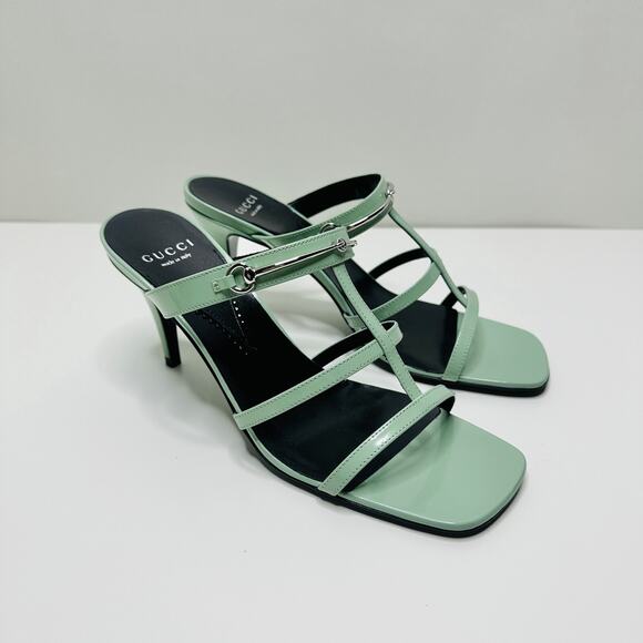 Gucci Regent Slim Horsebit 38/ US 8 Heel Sandals Pacific Green Leather NIB $990 - Picture 5 of 13